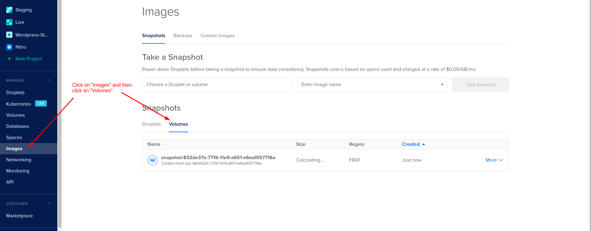Digital Ocean Web UI showing a volume snapshot