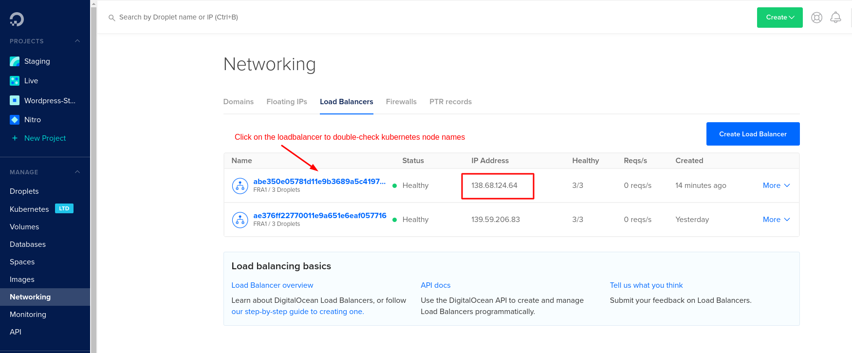 Screenshot of Digital Ocean dashboard showing external ip address
